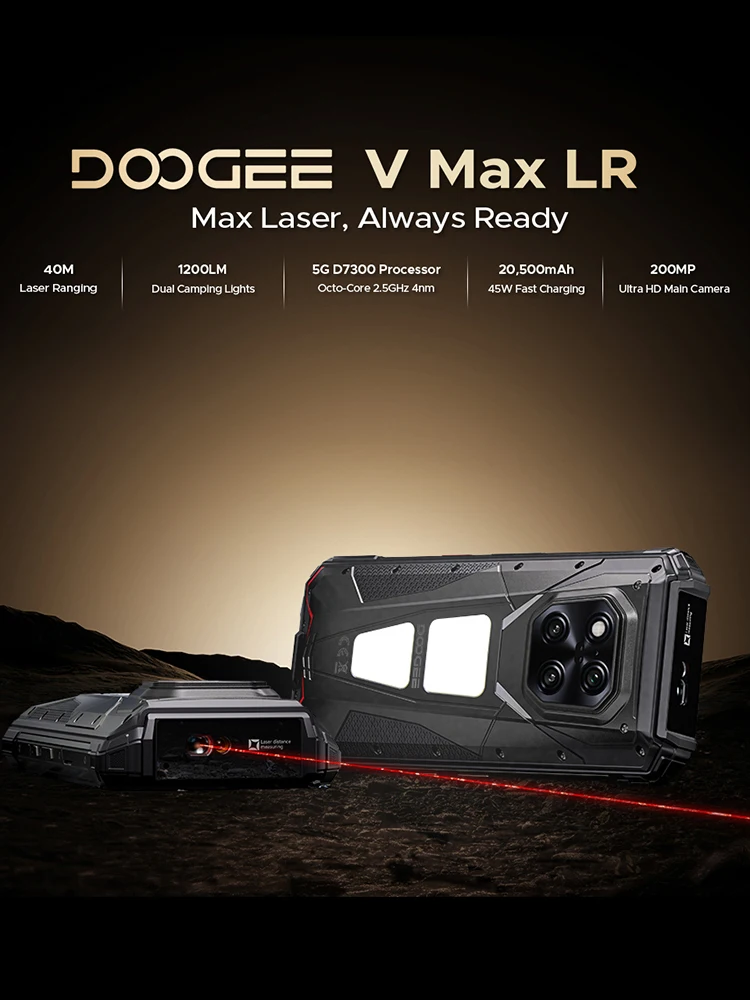 DOOGEE V Max LR 5G Outdoor-Handy Laser-Entfernungsmesser Duale Campingbeleuchtung 16GB 512GB ROM 6,78'' Display 20500mAh Akku Smartphone