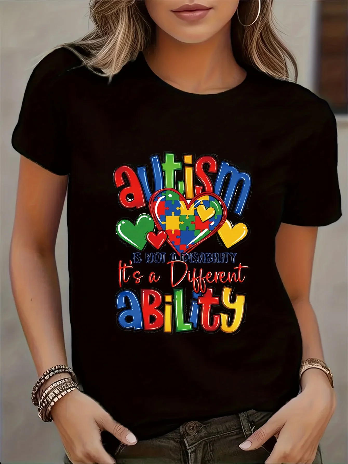 **Women Autism Awareness T Shirt Different Ability Graphic Tee Heart Puzzle Design Casual Crew Neck Top Black Short Sleeve