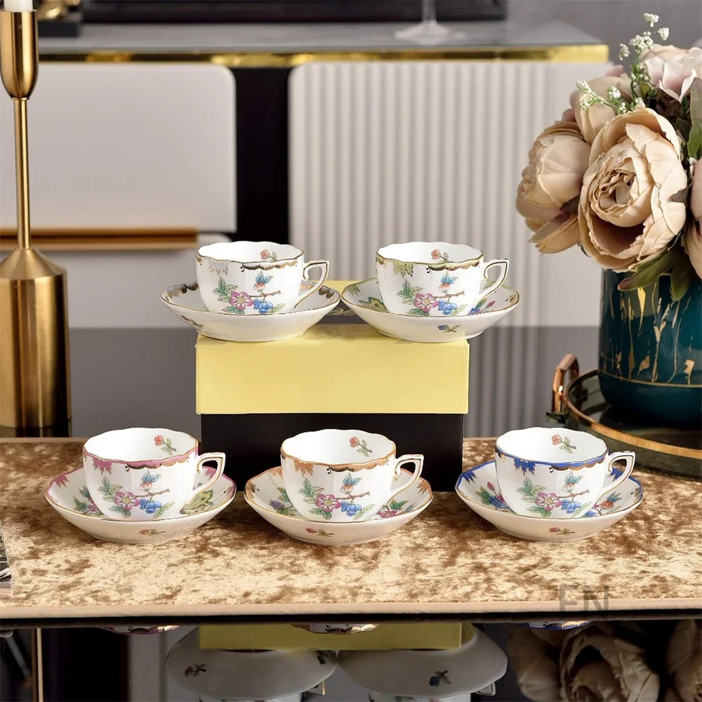100ml Ceramic Espresso Cup and Saucer Set Golden Rim Floral Bird Porcelain Mocha Coffee Tea Cup With Gift Box For Household Gift