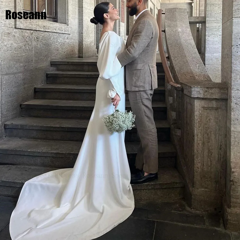 Customized Muslim Exquisite A-line Wedding Dresses V-Neck Draped Pleat Puff Sleeve Bride Dress Brush Train robe de mariée
