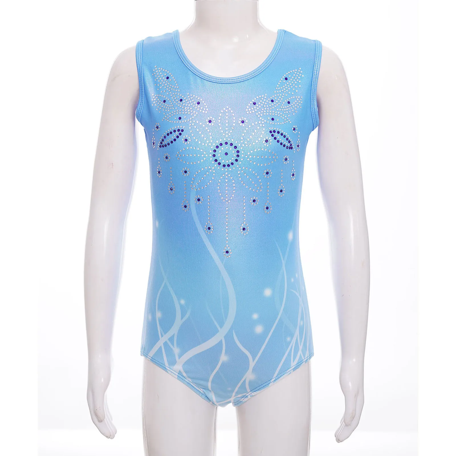 Kids Girls Ballet Dance Floral Printed Leotard Sleeveless Sparkly Crystals Rhythmic Gymnastics Ballet Dance Performance Costume