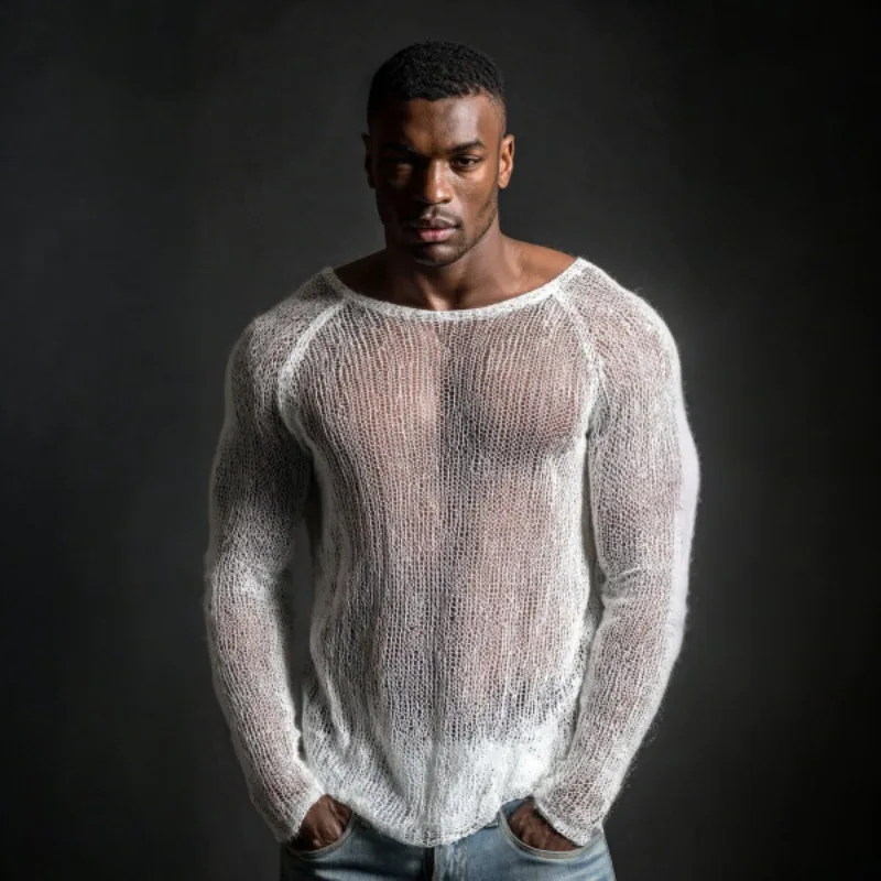 Men's Casual Comfortable Solid Color Hollow Breathable Sexy Beach Vacation Shoulder Long Sleeve T-Shirt Top