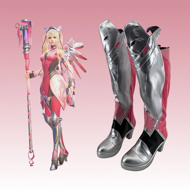 Mercy Angela Ziegler Stiefel Pink Mercy Halloween Karneval Cosplay Schuhe für Mädchen und Frauen