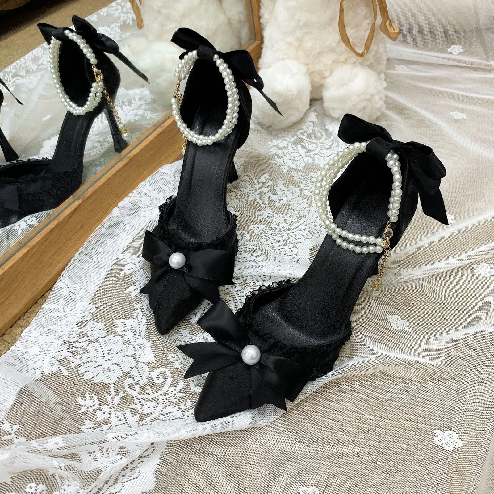 black party shoes Lolita cosplay y2k heels designer shoes Lolita 2000s heels pearl high heels bridal wedding shoes vintage