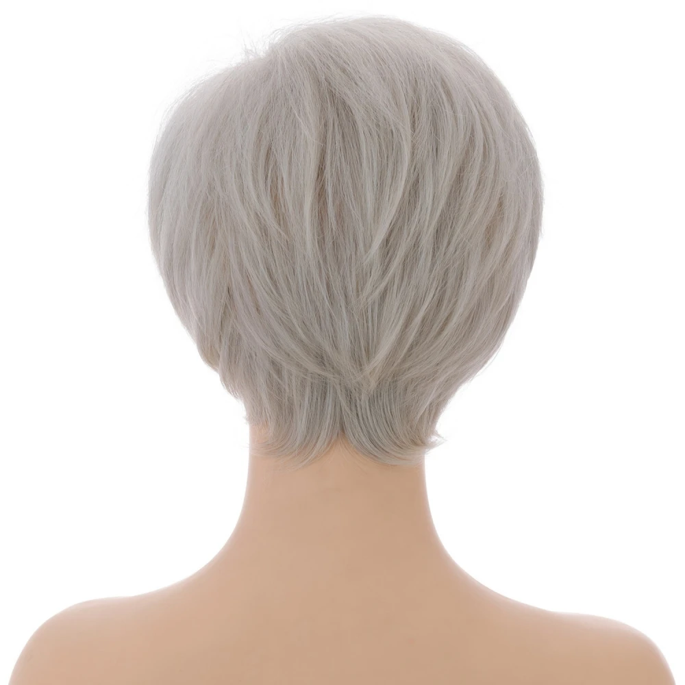 Short Synthetic Hair Silver White Straight Wave Wigs For Women Pixie Cut Natural Wig Old Lady Wig Granny Grey Blanche Daily Use