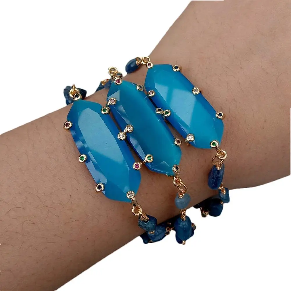 YYGEM 3 Rows 6x8mm Natural Blue Kyanite Rosary Chain 14x40mm Blue Cat Eye Cz Set Jade Gemstone Bracelet