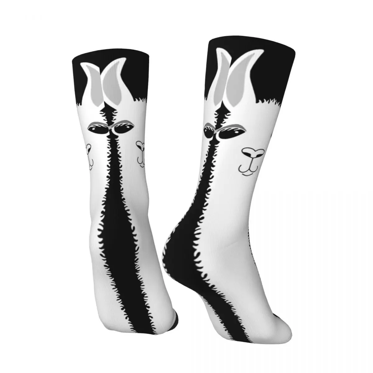 Happy Funny Men's compression Socks Llama Portrait ON Classic Black Retro Harajuku Llama Portrait Street Casual Crew Crazy Sock