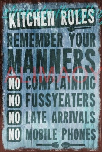 Kitchen Rules Blue Vintage Look Retro Style Metal Sign Plaque, home family