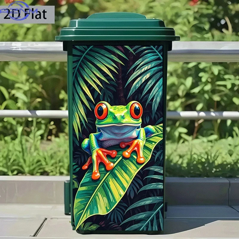 Trash Can Sticker Rainforest Colorful Frog Perching on Leaves Themed Design Self-Adhesive Wall Decal Wallpaper for Kitchen Tr