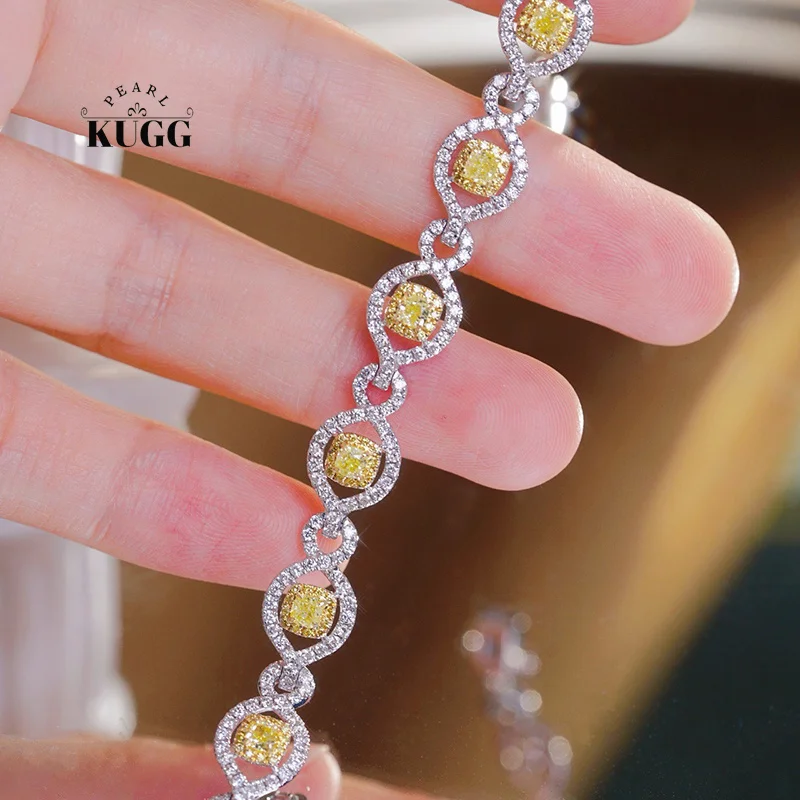 KUGG 100% 18K White Gold Bracelet Luxury Elegant Style Real Natural Yellow Diamond Bracelet for Women High Party Jewelry