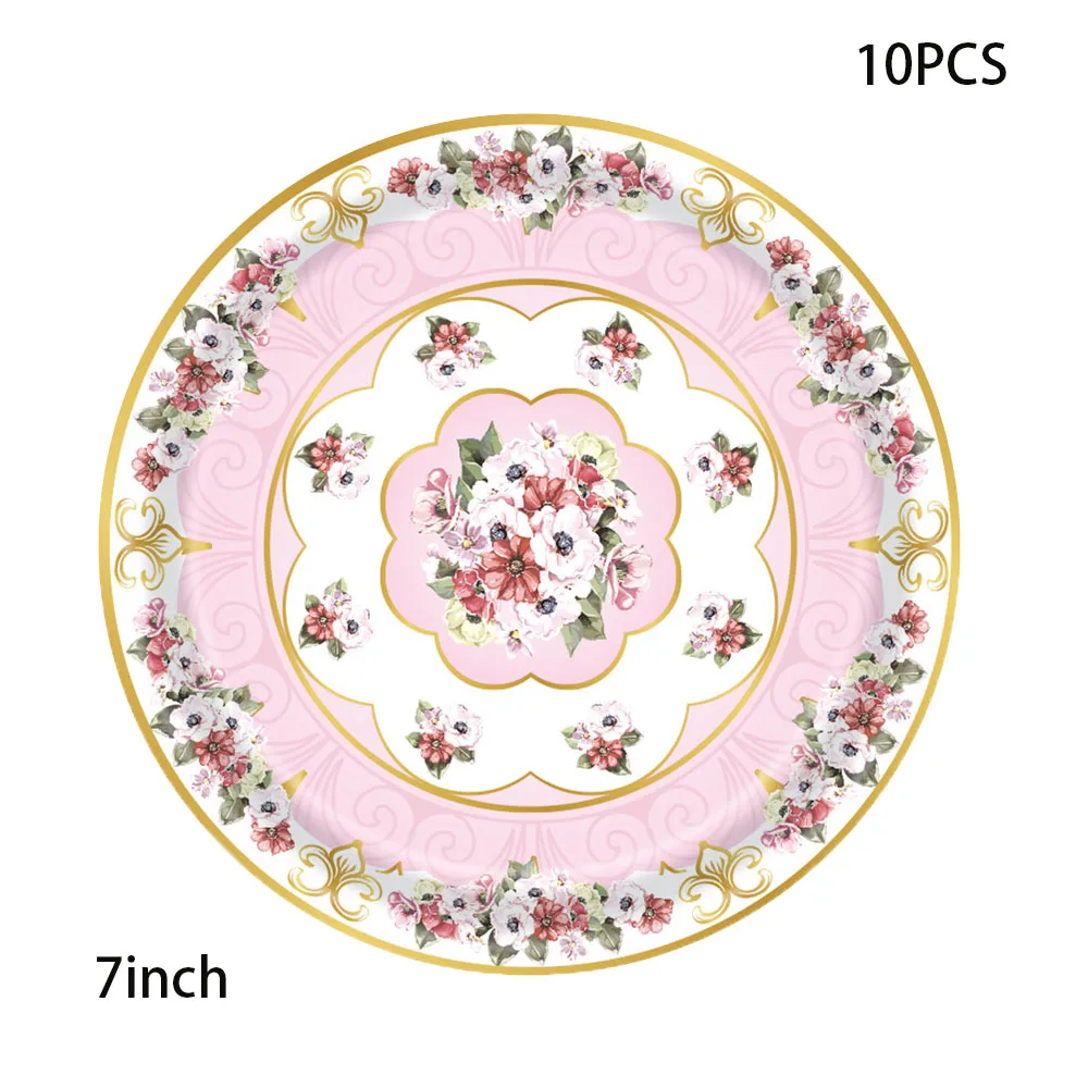 Vintage Blumenmuster Teegeschirr-Set Elegante Rosa Pappteller Tassen Servietten EVJF Mädchen Geburtstag Brautparty Hochzeitsdekoration – Detail 4