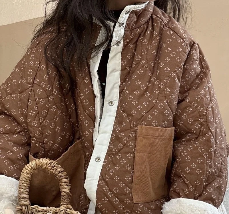 سترة شيربا جديدة للفتيات لعام 2025 معطف سميك من القطيفة مطبوع عليه زهور لخريف/شتاء ملابس خارجية للأطفال على الوجهين #3