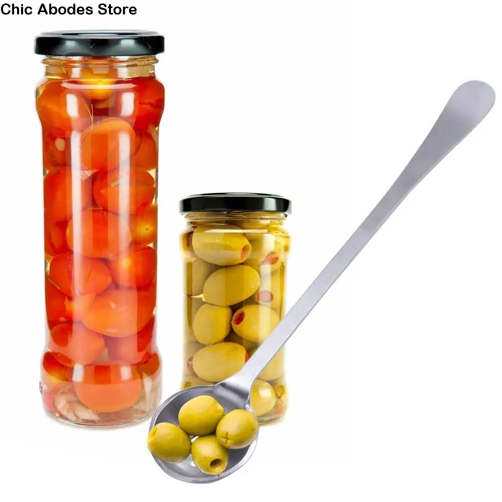 Cuchara colador de oliva de acero inoxidable, cuchara de oliva de mango largo, cuchara ranurada para mermelada con orificio de drenaje, cucharas para pepinillos, comida enlatada