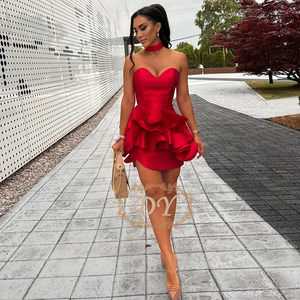 

DY Modern Red Short Prom Cocktail Dress Pleated Satin Mini 2026 Homecoming Gown Customized For Wedding Party Corset Back