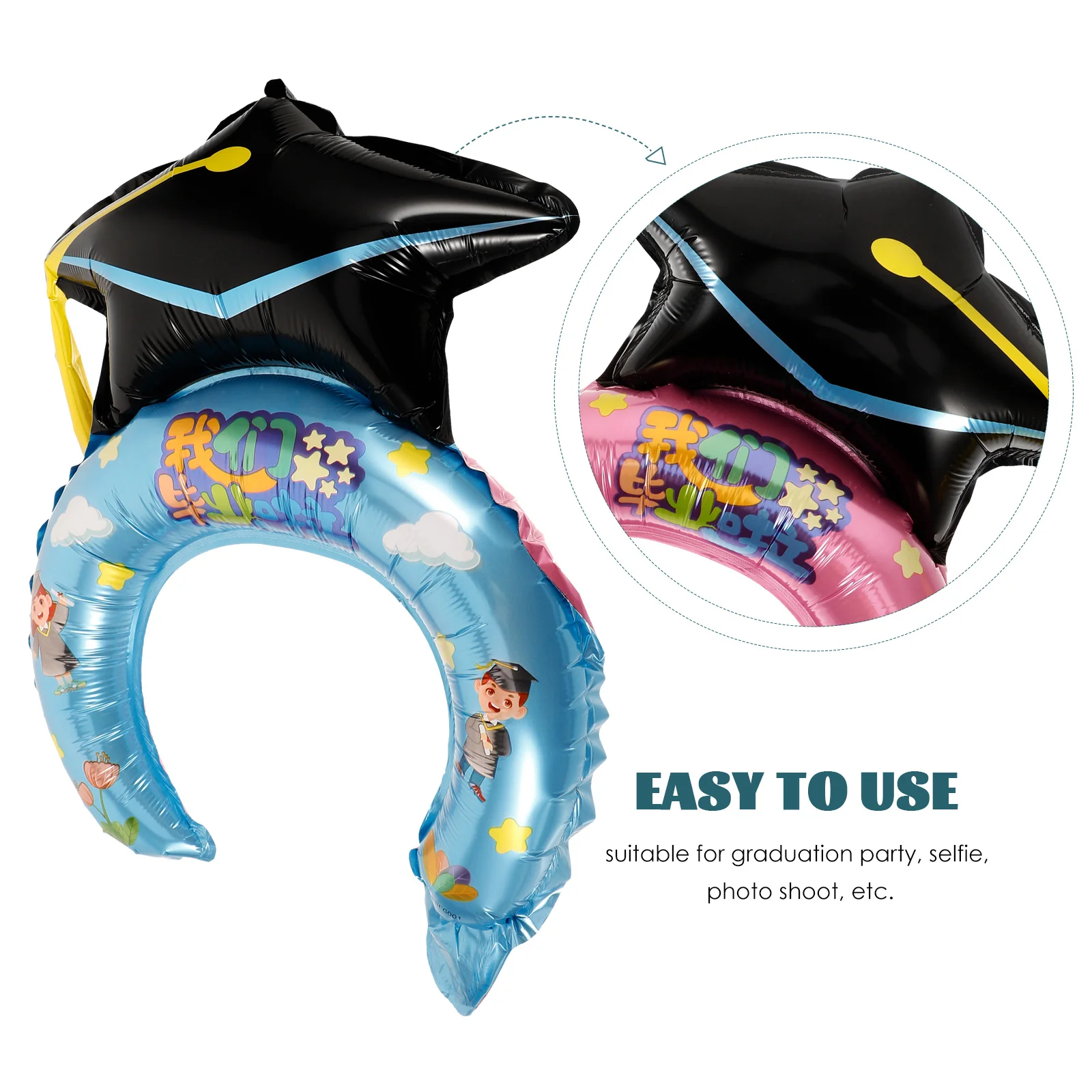 

50pcs Graduation Foil Inflatable Headband Cartoon Hairband Photo Booth Prop Graduation Themed Hair Hoop Balloon Headbands