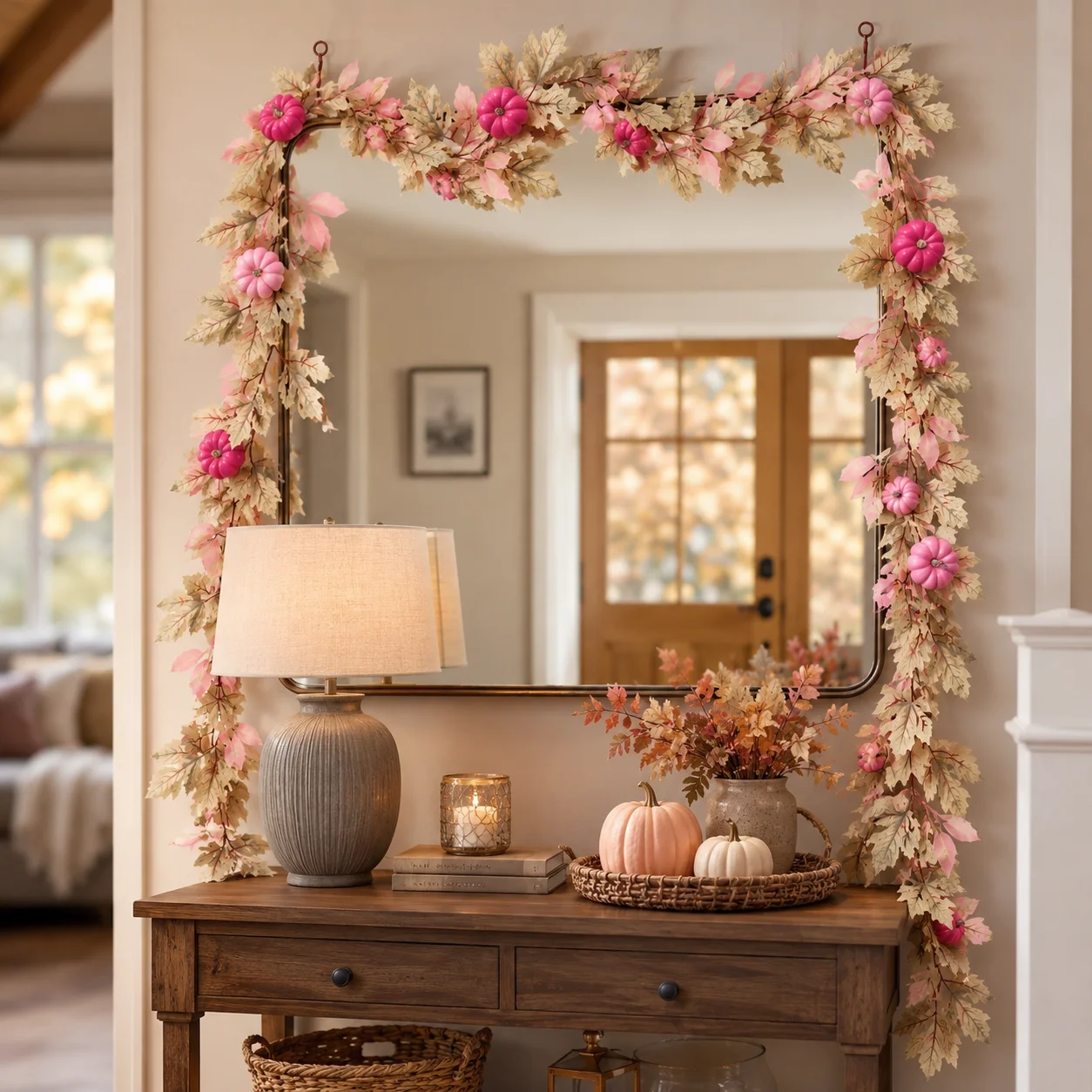 Pink Artificial Pumpkin Garland 160CM Fall Maple Leaf Vine Hanging Decoration Thanksgiving Halloween Home Wall Door Decor - view 6