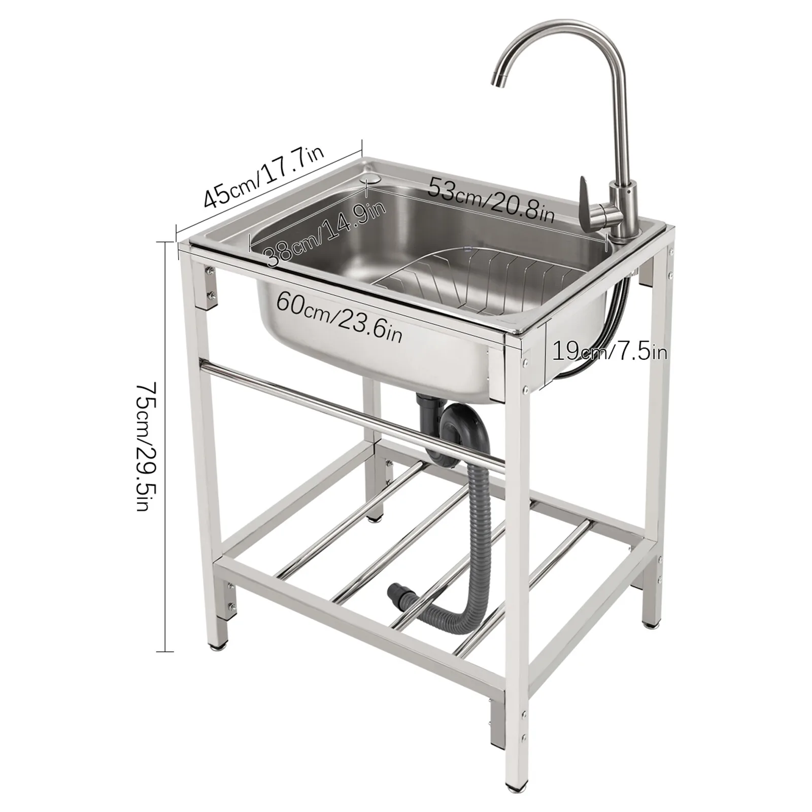 Wastafel Stainless Steel Komersial Wastafel Utilitas Mangkuk Tunggal Luar Ruangan Dengan Keran AS