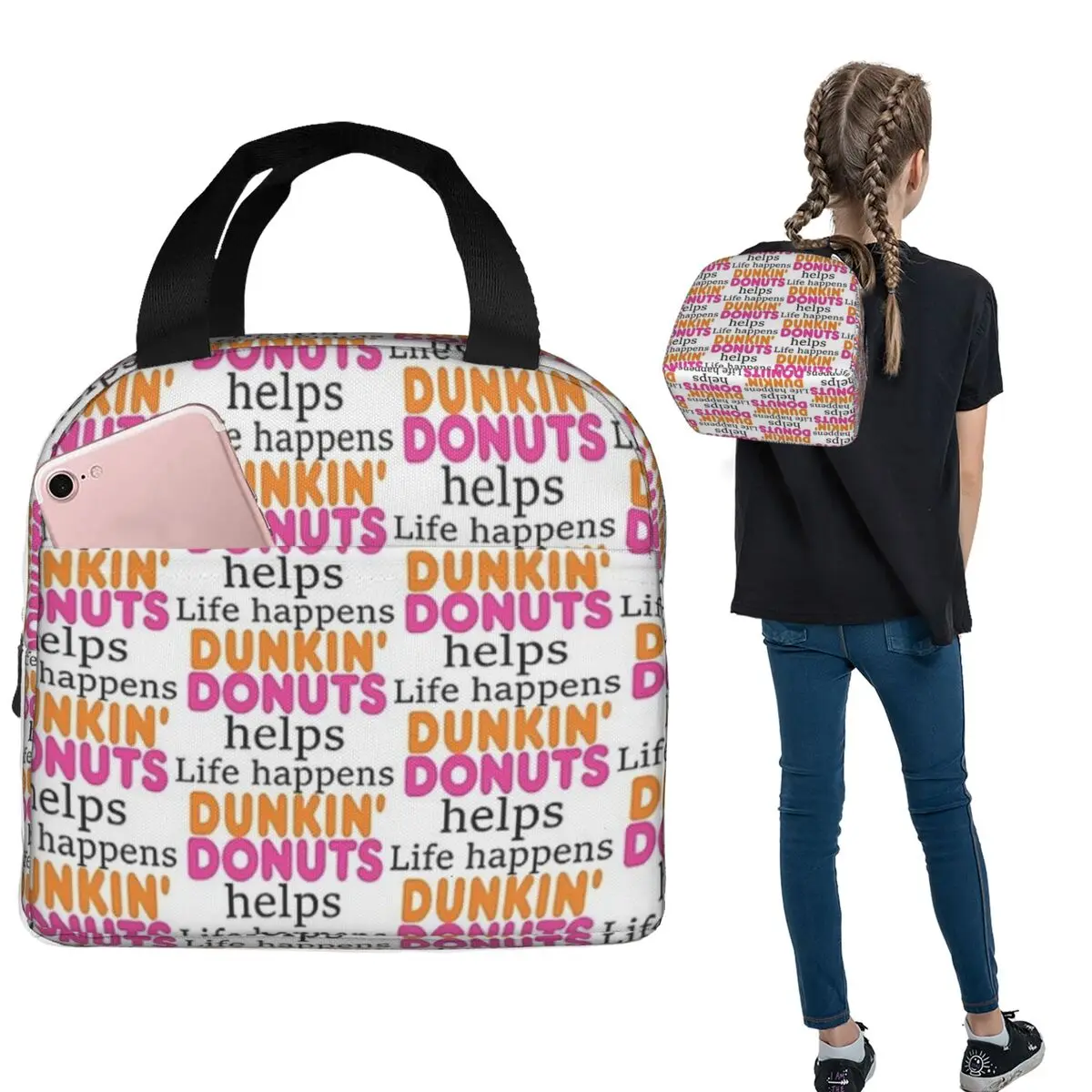 Life Happens... Dunkin Donuts Helps Insulated Lunch Bag for Women Children Leakproof Food Boxes Thermal Lunch Box Tote view 2