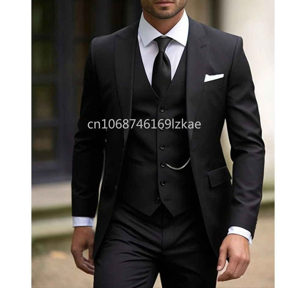 Black 3 Piece Jacket Pants Vest Fashion Tuxedo Peak Lapel Single Breatsted  Business Male Clothing  Men's Suits