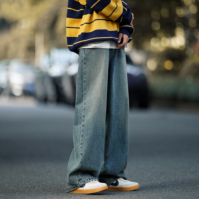 

Washed Jeans Men's Loose Straight Leg Pants Spring Autumn American Retro Faded High Street Pants Micro Flared Long Trousers