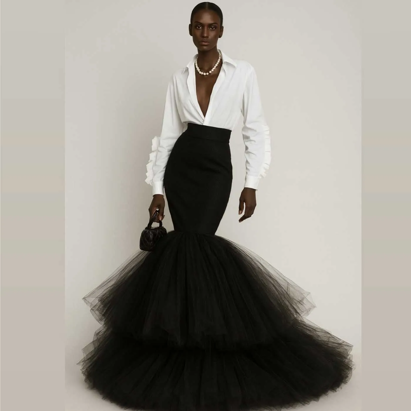 

Custom Black Mermaid Skirt with Ruffle Tulle Train High Waist Elegance Long Evening Skirt Formal Wear Tiered Tulle Female Skirts