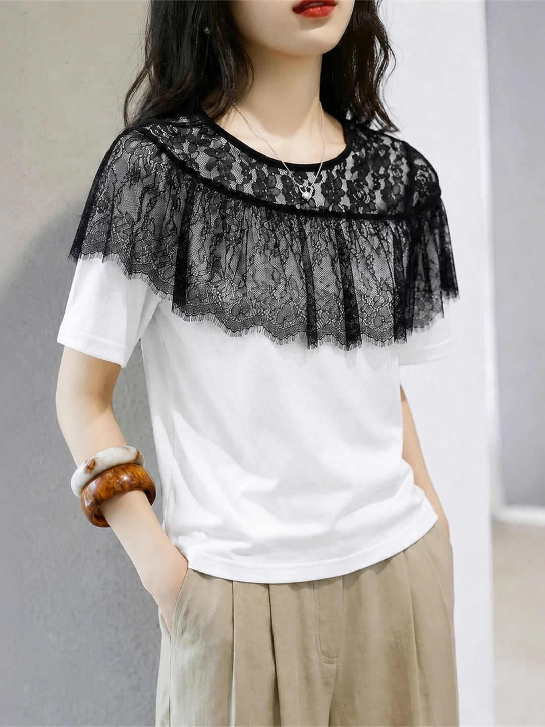 Fashionable Lace Splice Short Sleeve Top Women's Clothing Versatile Summer T-Shirt Korean Style Straight Cut Silk Fabric