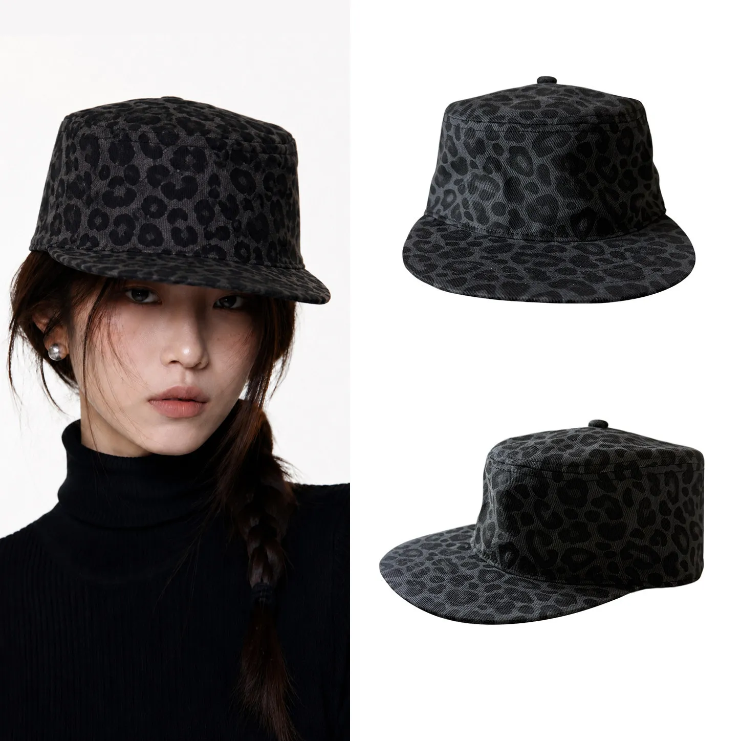 All Season Dark Leopard Short Brim Work Cap Vintage Y2K Flat Top Sun Hat Trendy Cool Newsboy Cap for Street Style Women