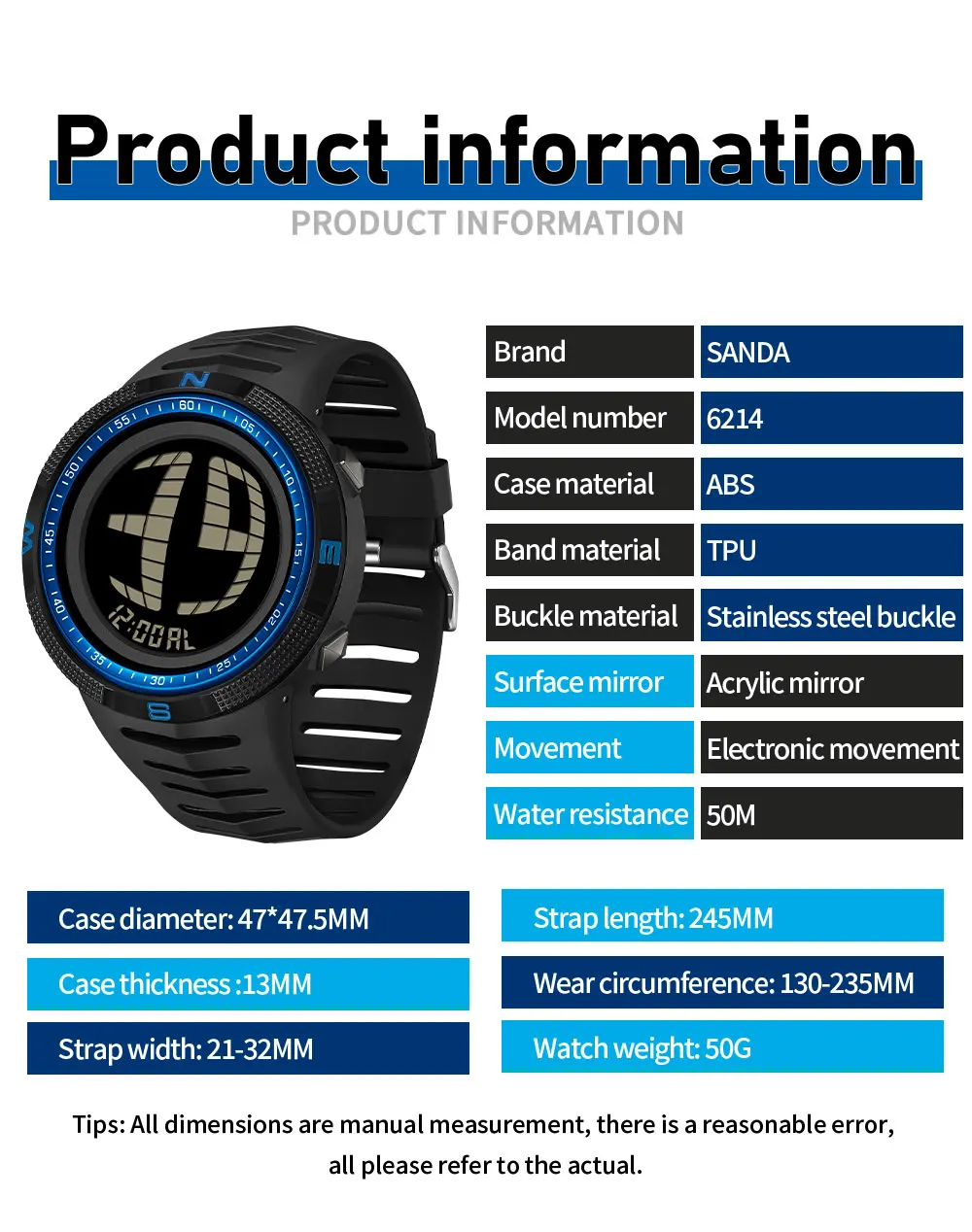 Fashion SANDA 6214 Sports Student Electronic Watch Multi functional Waterproof LED Large Dial Men's Electronic Digital Watch