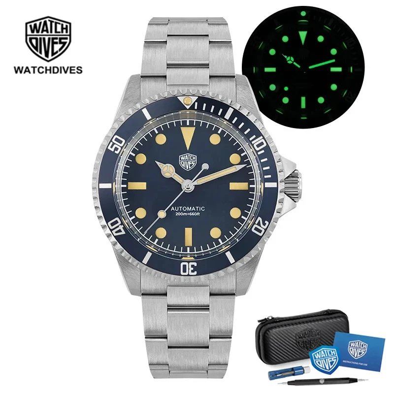 2024 New Watchdives 40mm Vintage Sub Watch NH35 Automatic Domed Sapphire 20ATM C3 BGW9 Luminous 316L Steel Men Diver Wristwatch