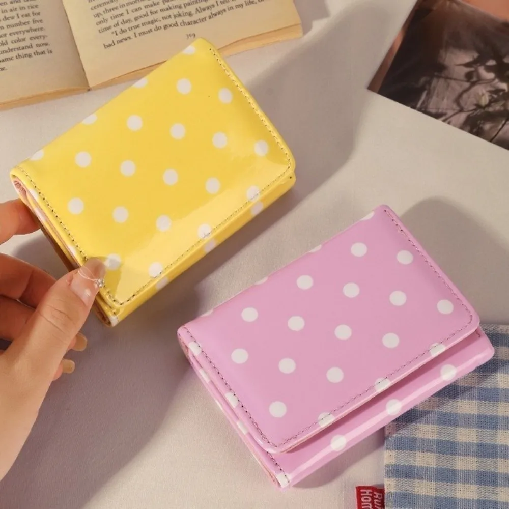 Portable Polka Dot Pattern Trifold Wallet Glossy PU Leather Multi-Pocket Coin Purse Credit Card Holder Women