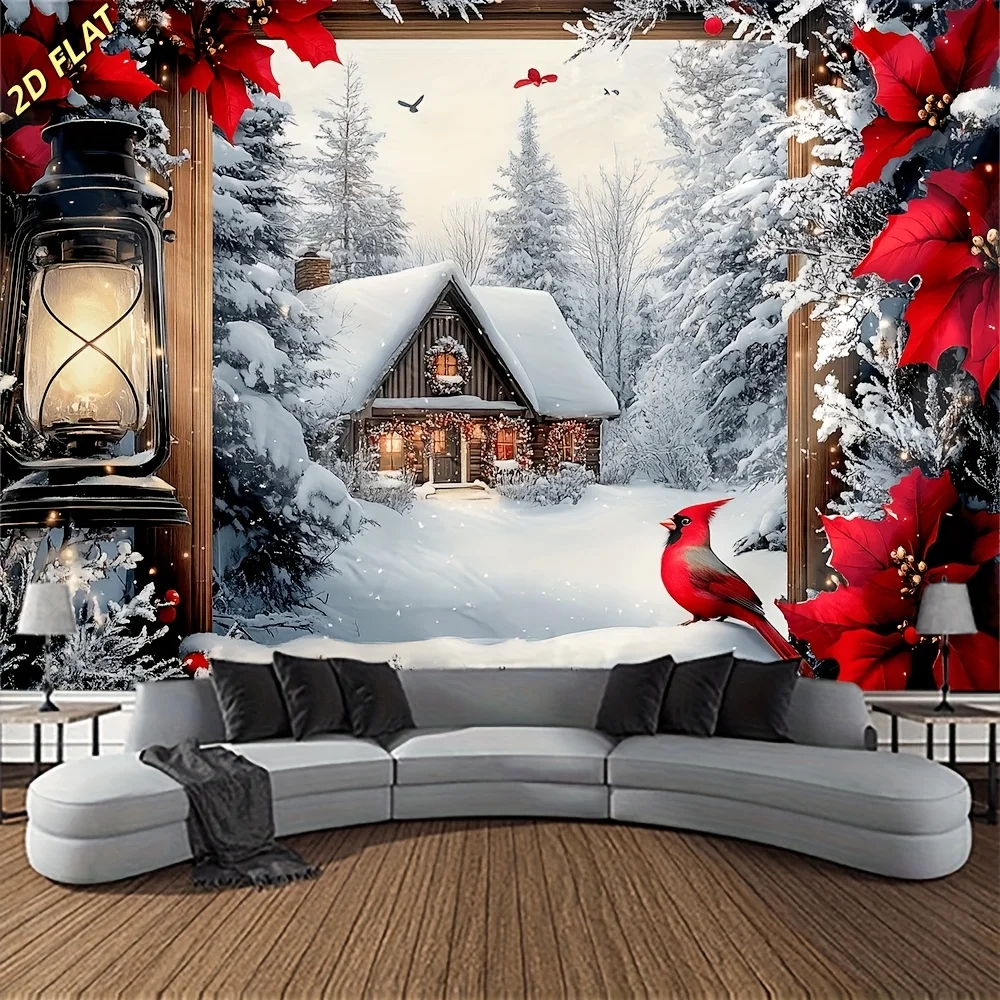 2D Flat - 2D Flat - 2D Flat, 1pc Winter Wonderland Window Wall Tapestry, Tranquil Backdrop, Festive Wall Hanging Decor for Livin