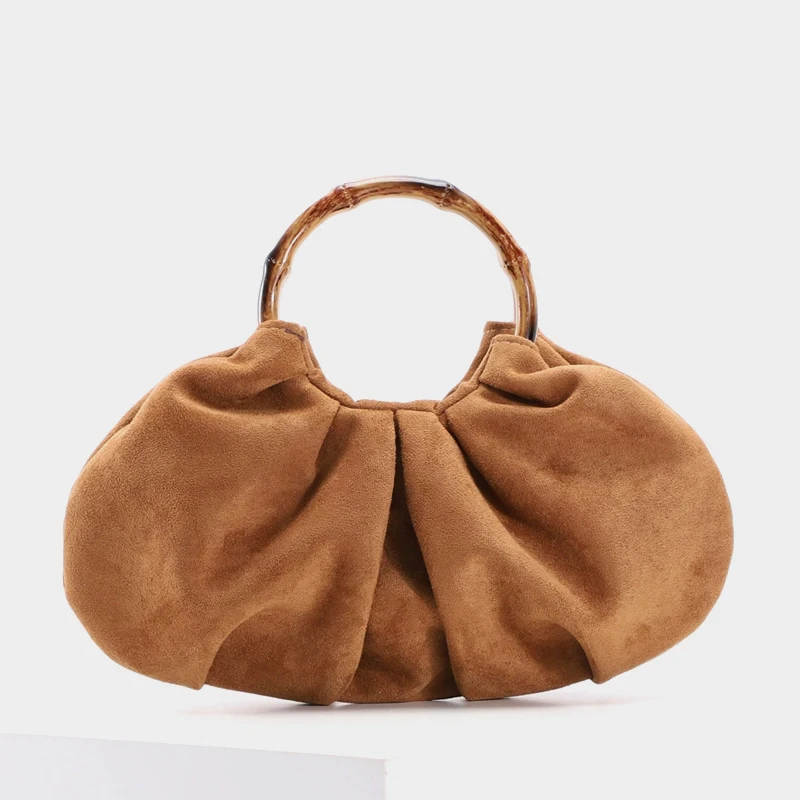 

Faux Suede Small Shell Bags For Women Luxury Designer Handbags Purses 2025 New In Bamboo Ring Top Handle Pleated Hand-Held Wrist