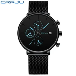 CRRJU 2268 Fashion Quartz Watches Men's Simple Calendar Chronograph Waterproof Stainless Steel Multifunctional Casual Wristwatch