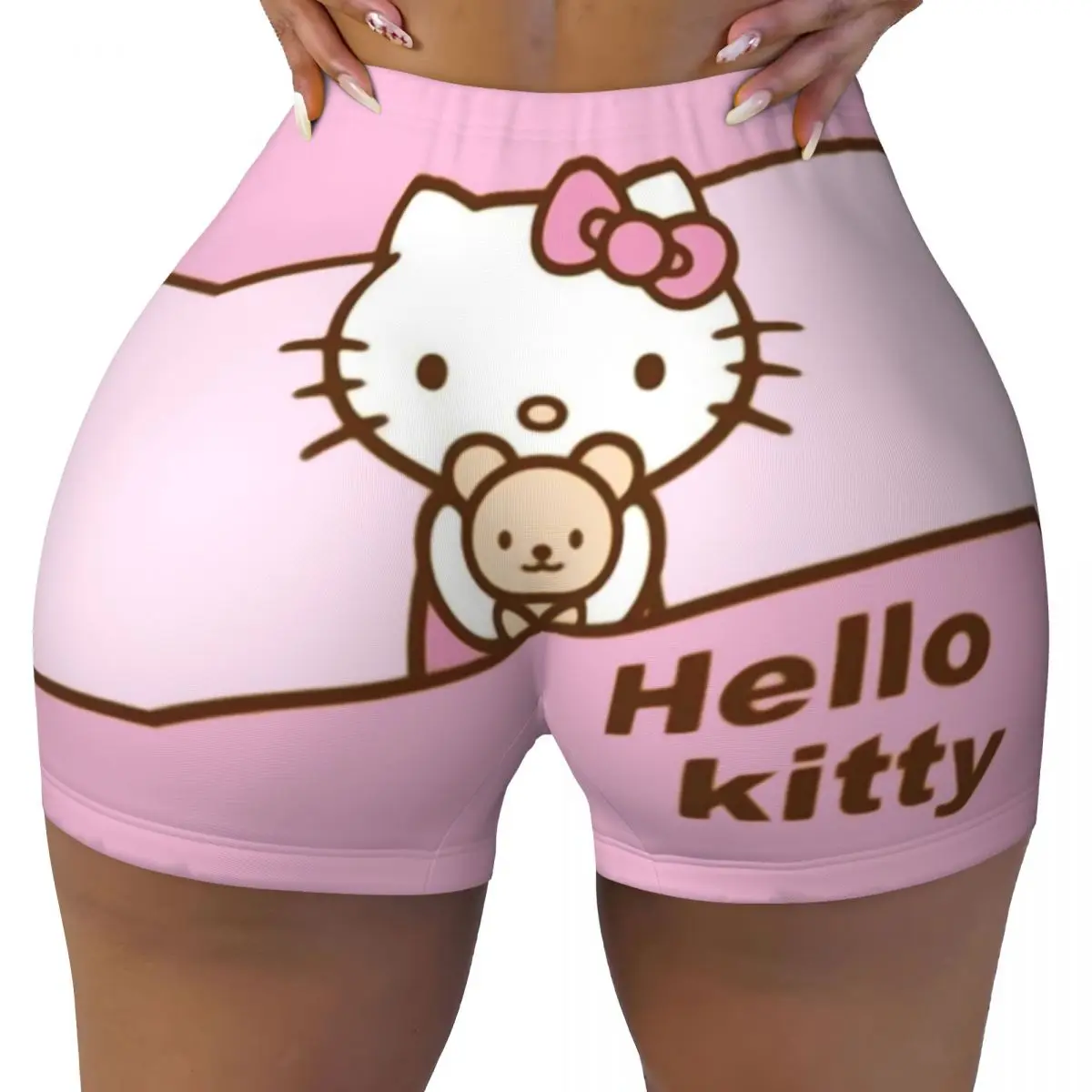 

Персонализированные велосипедные шорты Hello Kitty для тренировок и бега, Женские аниме шорты для йоги в тренажерном зале