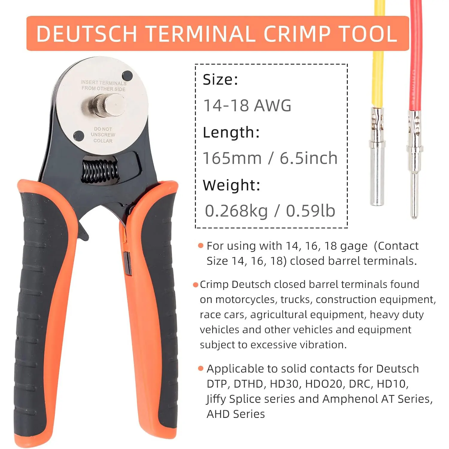 Deutsch Crimp Tool Closed Barrel Crimper 4 Way Indent 8 Impression Type Pin Crimping Tool for Deutsch Connector 14, 16, 18 AWG