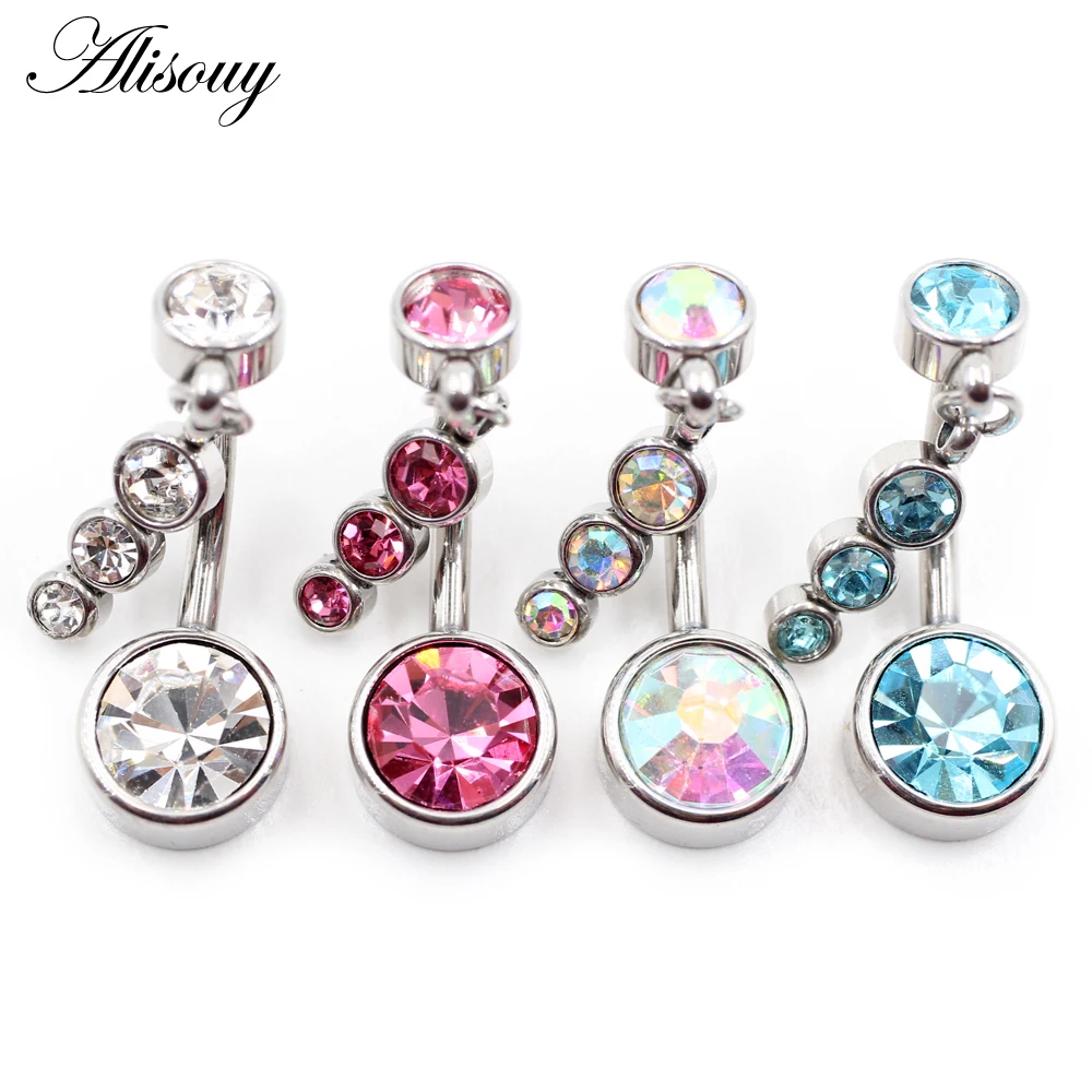 Alisouy 1PC Cylinder Three Zircon Pendant Stainless Steel Barbell Girl Women Sexy Belly Navel Button Ring Piercing Body Jewelry