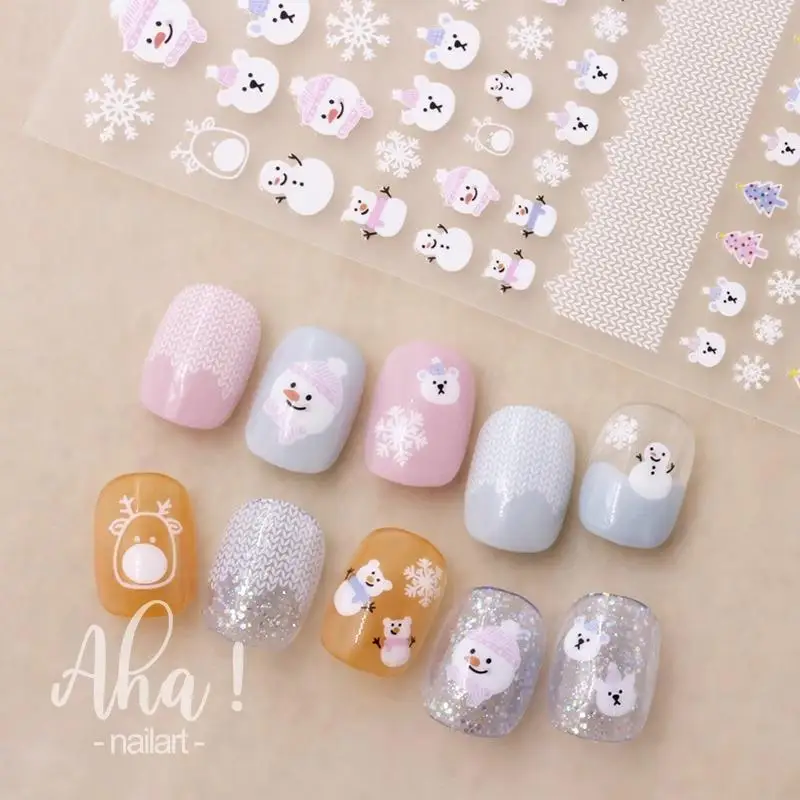 Autocollants de noël pour Nail Art, dessin animé père noël bonhomme de neige flocon de neige motif en relief, décalcomanies pour ongles, décorations de manucure