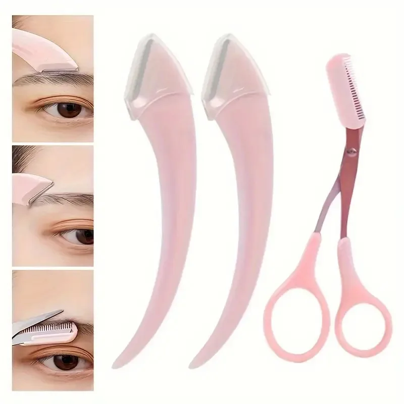 3-Piece Eyebrow Trimmer Set - Curved Razor, Scissors, Comb - Eyebrow Grooming Tools Female Face Shaping Care Tools