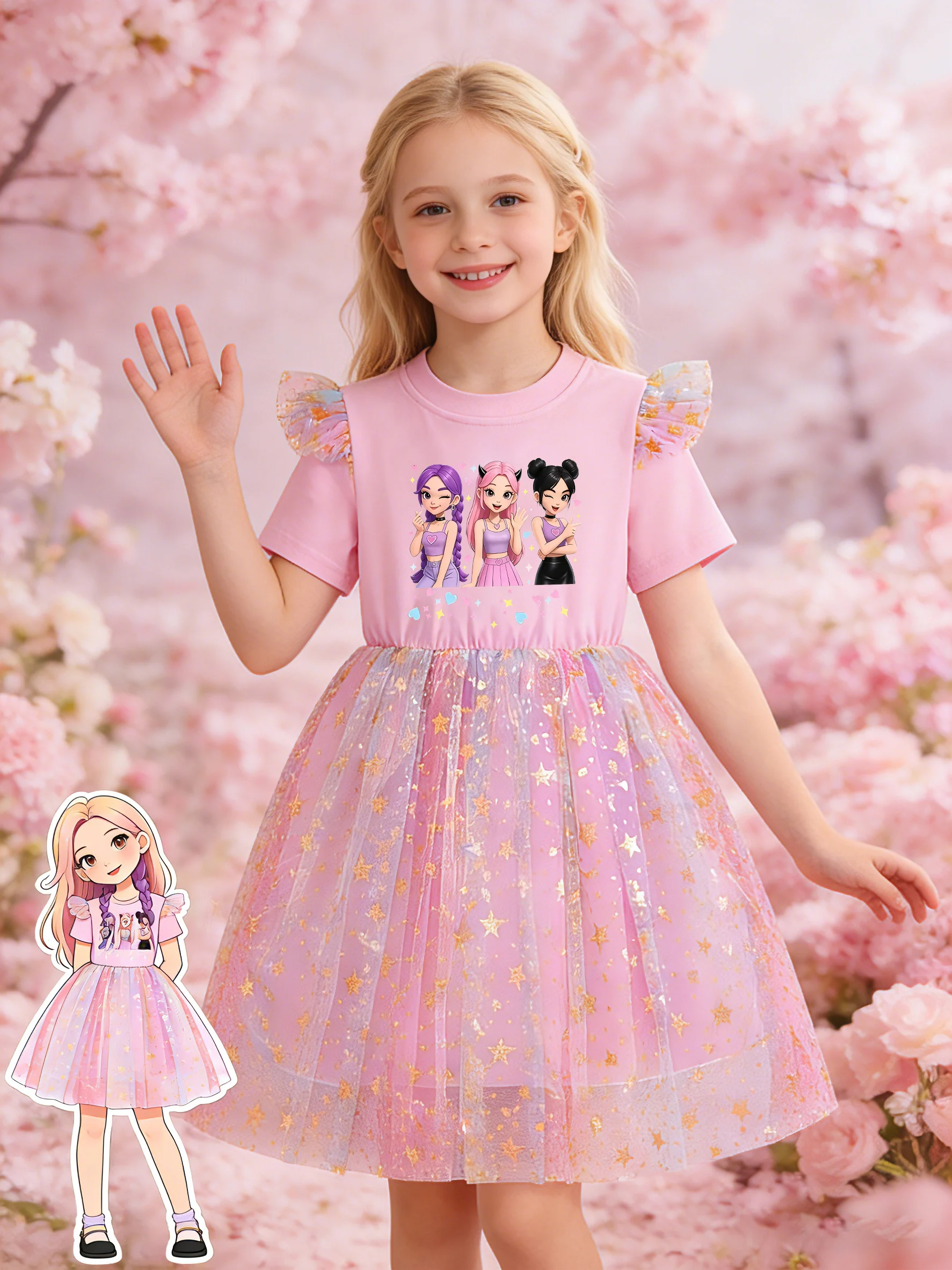 Mädchenkleid mit Cartoon-Girl-Group-Print und Farbverlauf-Flatterärmeln, Rosa Prinzessinnenkleid – Detail 5