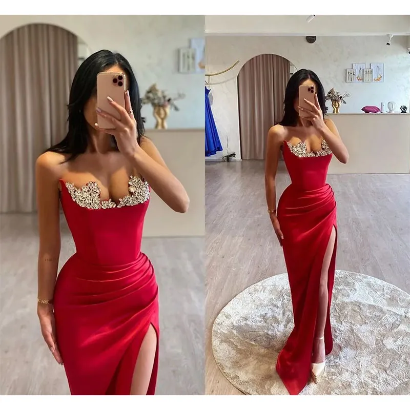 Sexy Red Prom Dresses for Women Sweetheart Crystals High Side Split Special Occasion Dress Birthday Celebrity Evening Gowns