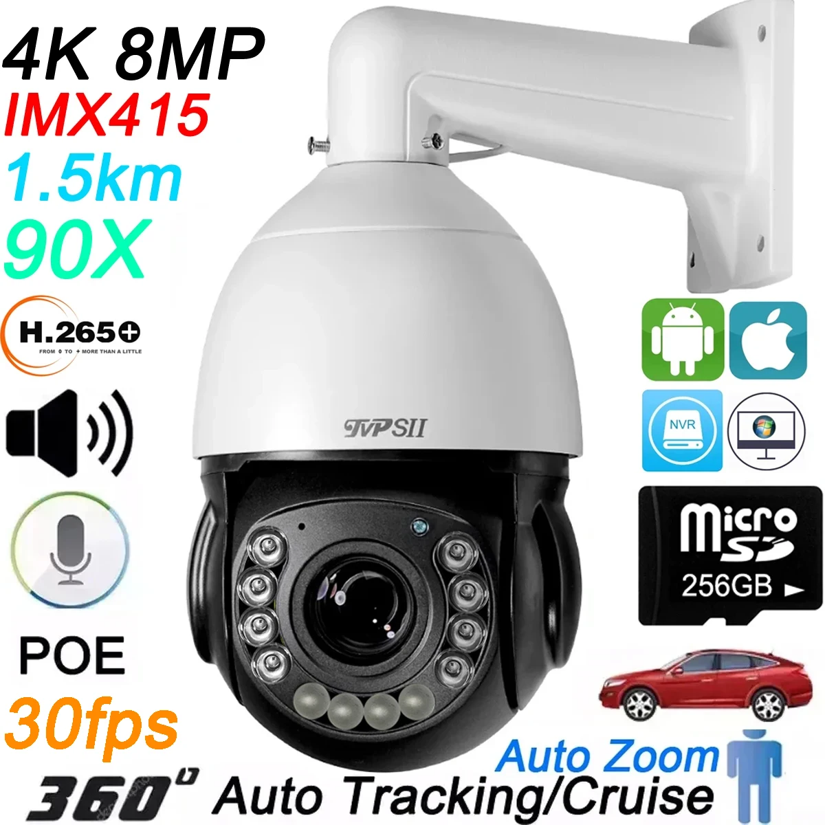 Auto Tracking 30fps Real-Time 8MP 90X Optical Zoom 360° Rotation Audio Outdoor ONVIF POE PTZ IP Surveillance Speed Doom Camera