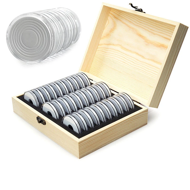 ABWR-Wooden Coin Display Storage Box Case For Coin Collectible With 30 Capsules Coins Display Box