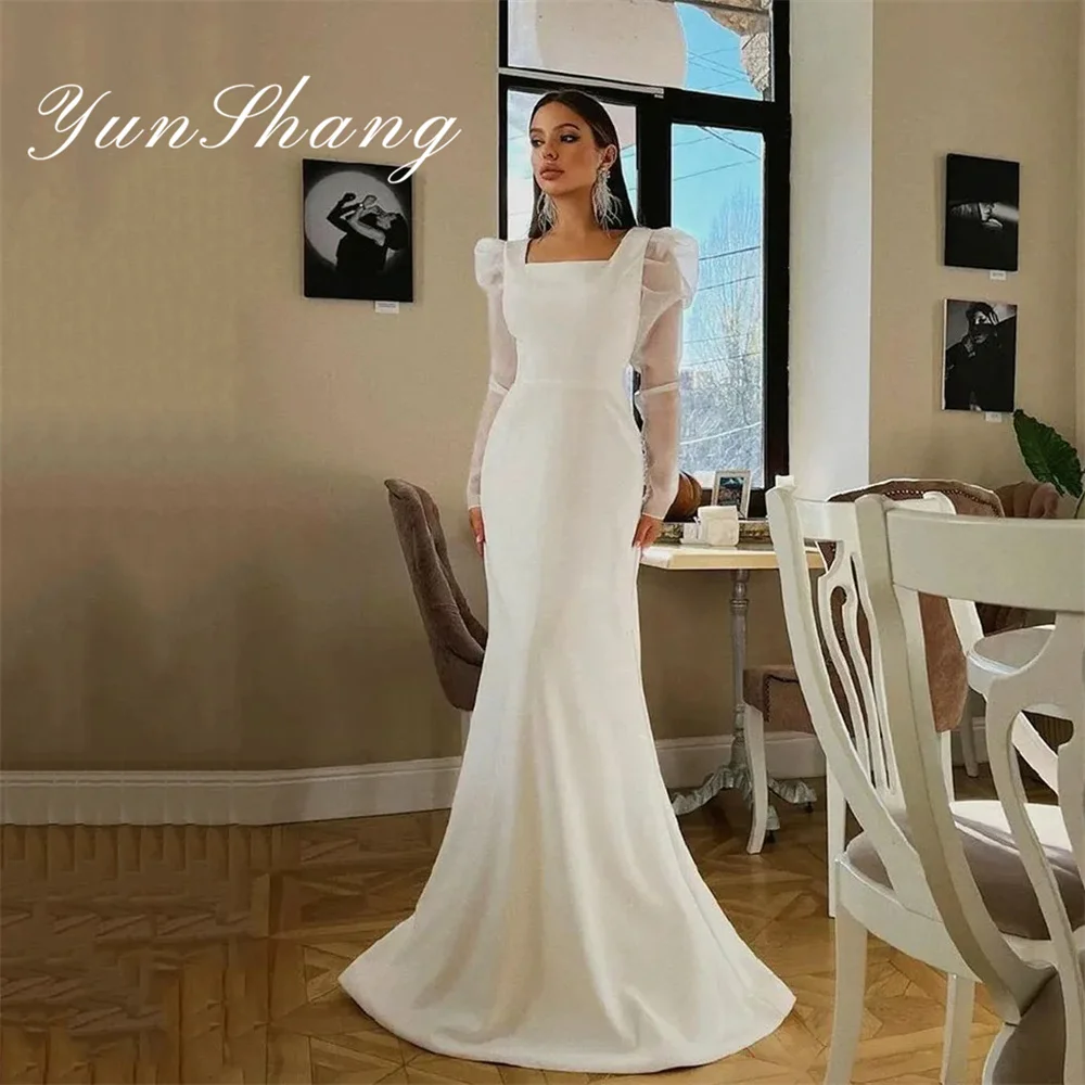 

Yunshang Elegant Mermaid Wedding Dress Long Sleeve Square Collar Buttons Crepe Custom Bridal Gown Sweep Train Vestidos De Novia