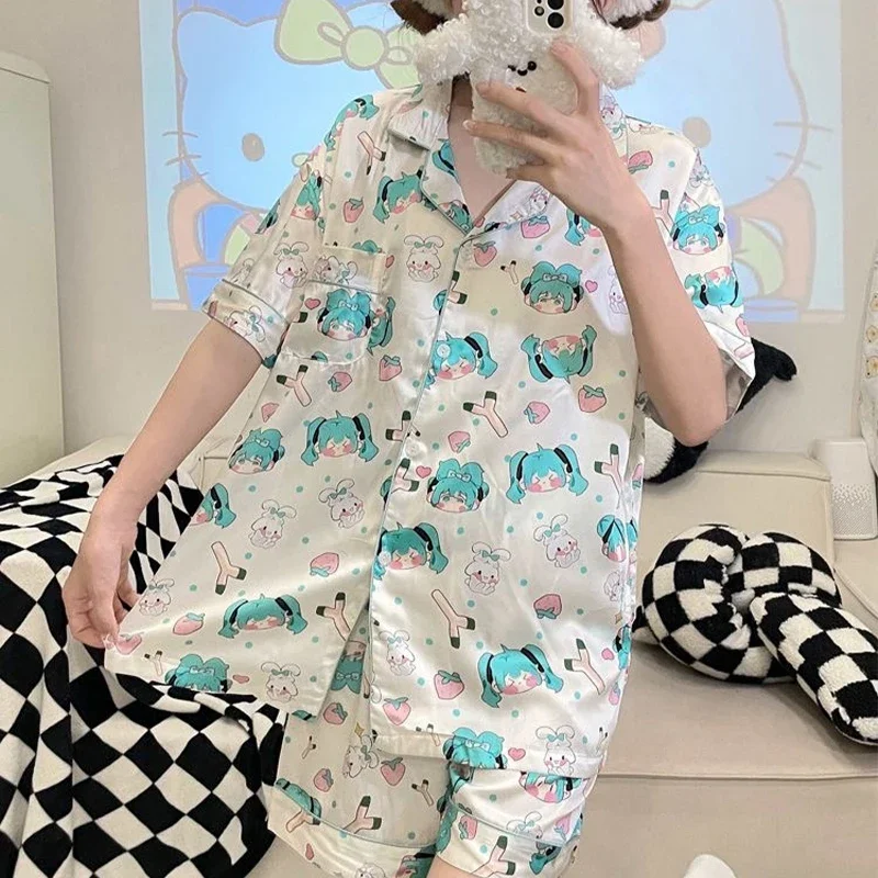 

New Hatsune Miku Cartoon PJ Set Long Sleeve Warm Fleece Sleepwear Kawaii Japanese Style Homewear Outfit for Anime Fans