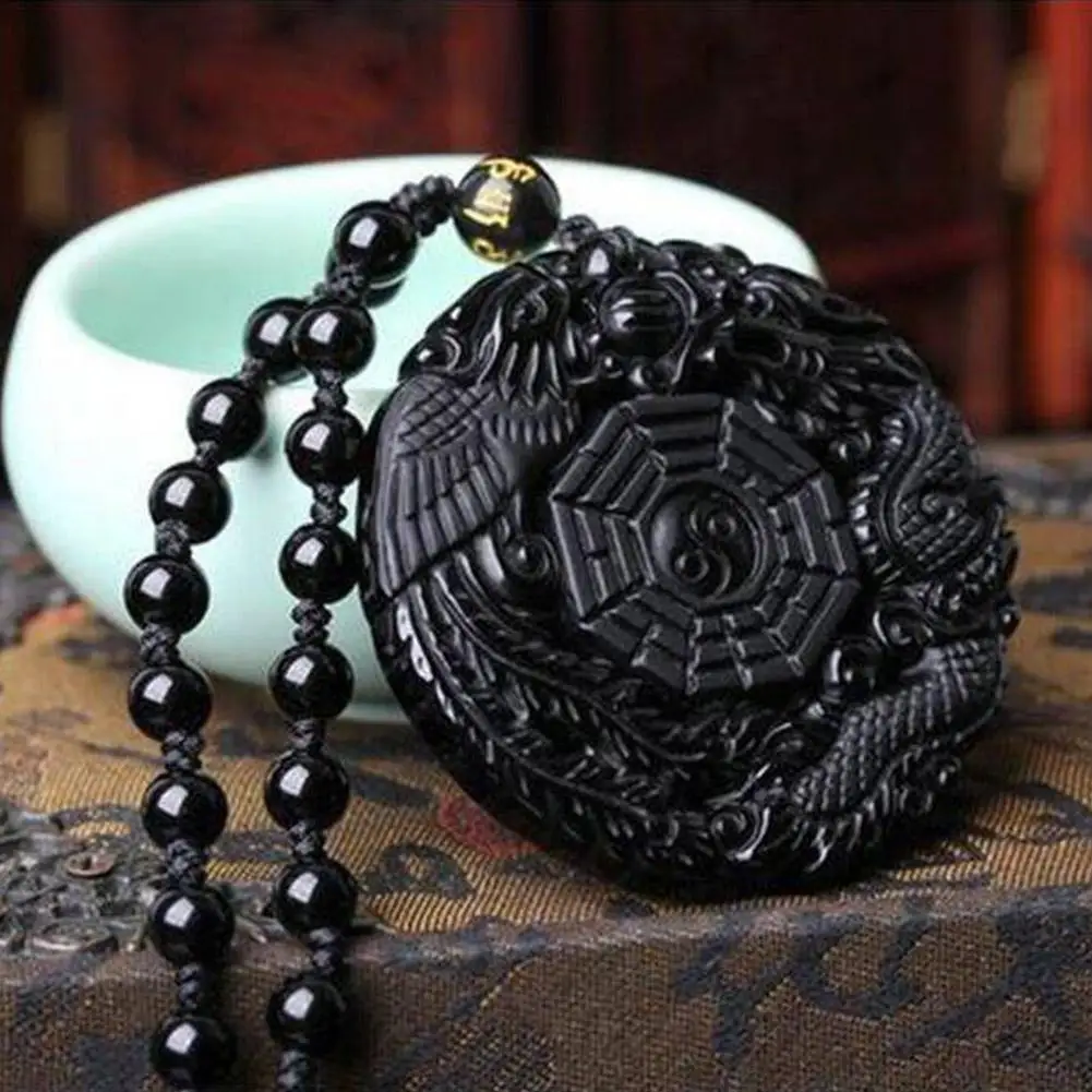 Natural Black Obsidian Hand Carved Chinese Dragon Phoenix Bird Amulet BaGua Necklace For Women Men Luck Mascot Amulet Pendant