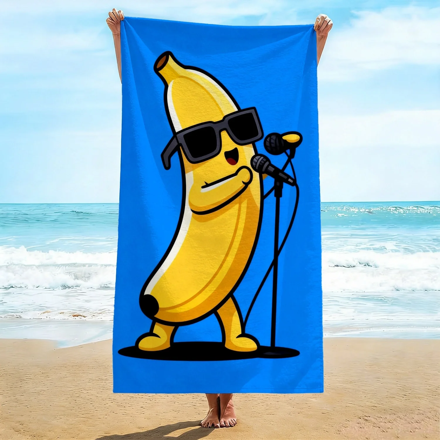 Vibrant Blue Banana Beach Towel, Cool Karaoke Banana with Sunglasses & Mic Print Bath Towel, Playful Summer Essential 1pcs