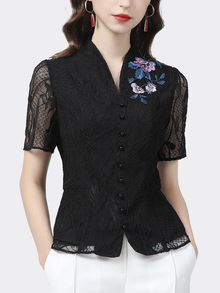 Vintage Embroidered Black Lace Blouse 2024 Summer Close-Fitting Short Sleeve V-Neck Top Beaded Hollow Ladies Casual Work Shirts