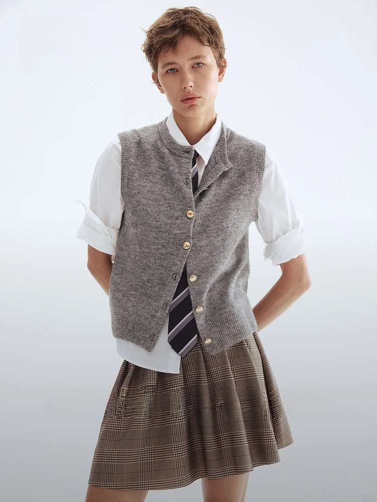 เสื้อกั๊กถักไหมพรมผู้หญิง H&M สไตล์ลำลอง กระดุมเดี่ยว อุ่นสบาย สำหรับฤดูใบไม้ร่วงและฤดูหนาว แฟชั่น โพลีเอสเตอร์ อะคริลิก ขนสัตว์ สแปนเด็กซ์