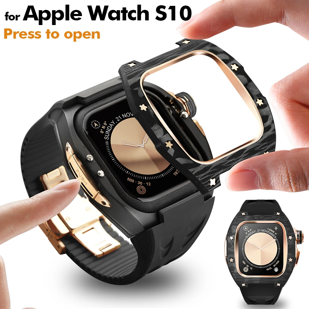 Press to Open, NEW For Apple Watch S10 46mm,  Carbon Fiber Case Luxury Modification Kit, Fashion iWatch Fluorine Rubber Strap