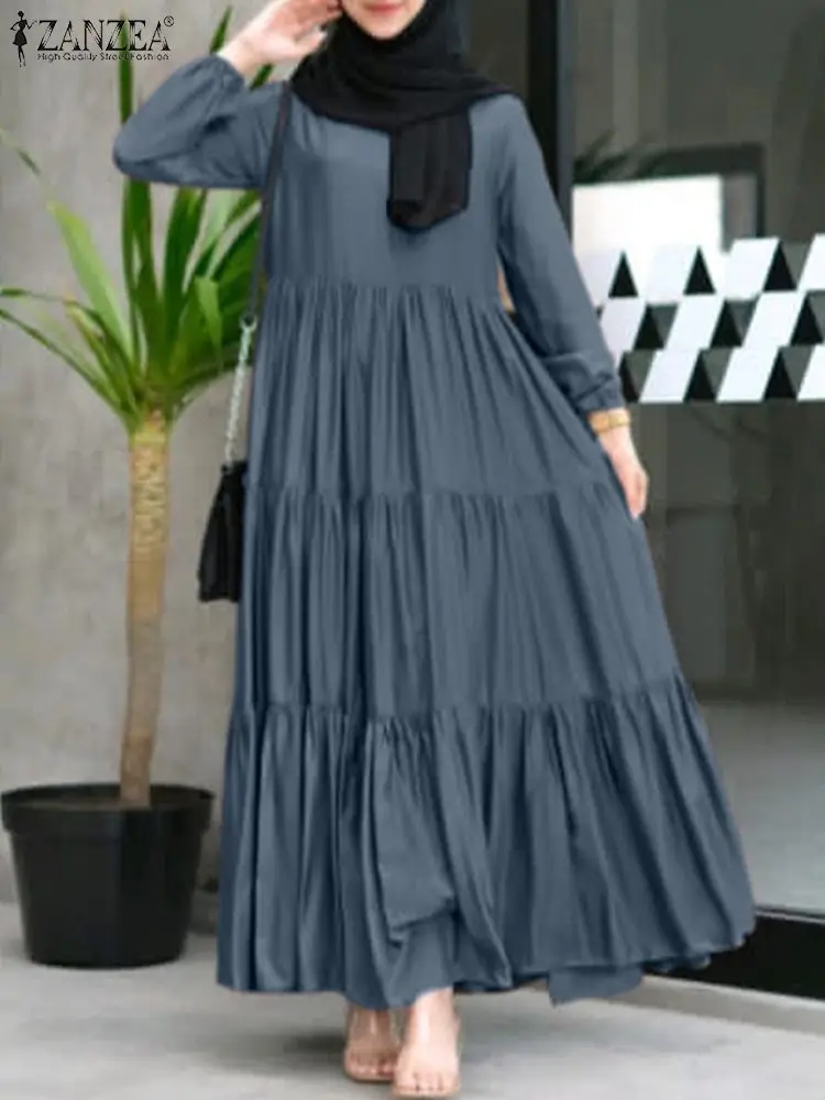 ZANZEA Muslim Fashion Tiered Long Dresses Women Islamic Hijab Style Casual Long Sleeve O Neck Maxi Vestidos Solid Abaya Robes